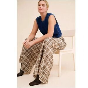 SELKIE Jo Trousers Free People Flowy Wide Leg Plaid Lightweight Pants NWOT S